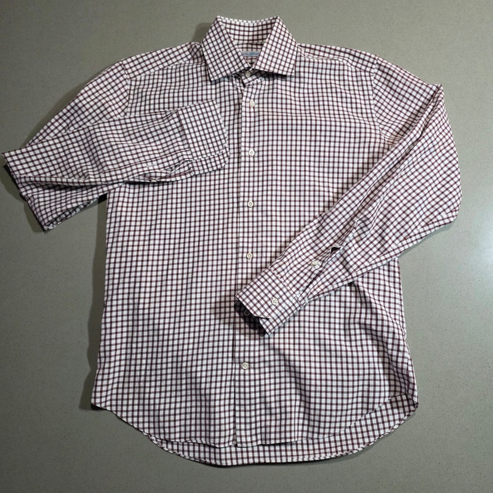 Simone Abbarchi Firenze Mens Gingham Dress Shirt Burgundy White Made in Italy